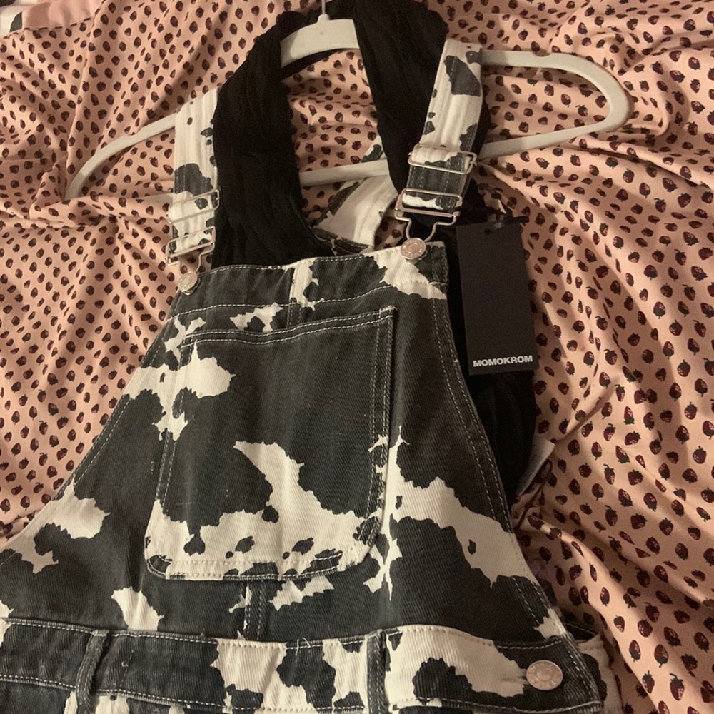 NWOT Momokrom cow print overalls